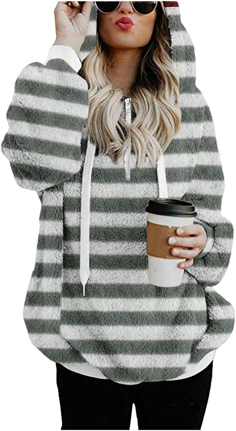 2023 Winter Womens Fuzzy Fleece Hoodies Sweatshirts Casual Long Sleeves Shaggy Sherpa Pullover With Pockets Pullover
