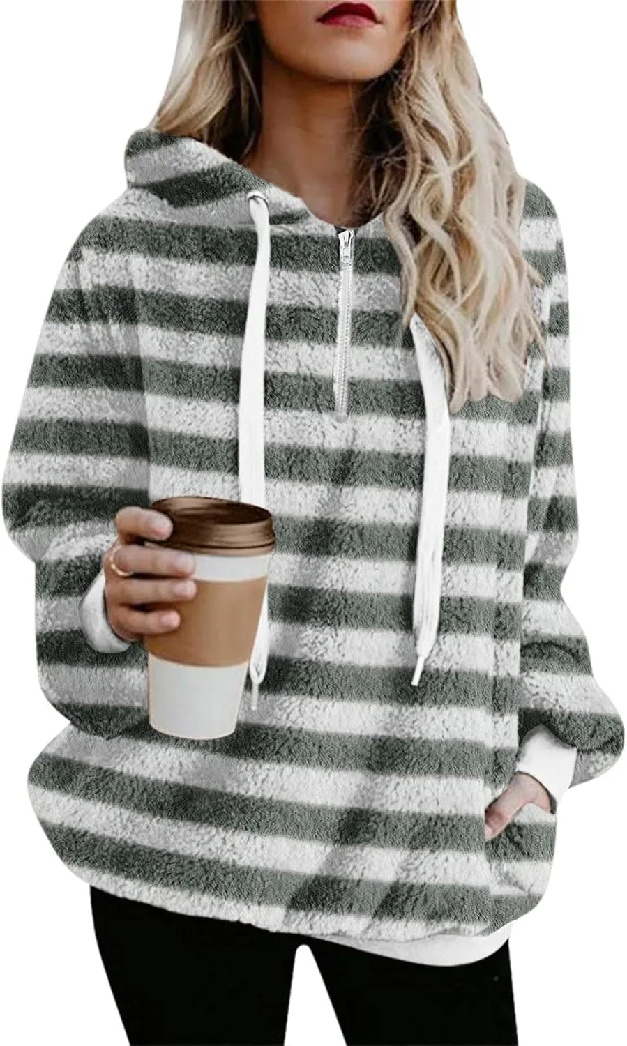 2023 Winter Womens Fuzzy Fleece Hoodies Sweatshirts Casual Long Sleeves Shaggy Sherpa Pullover With Pockets Pullover