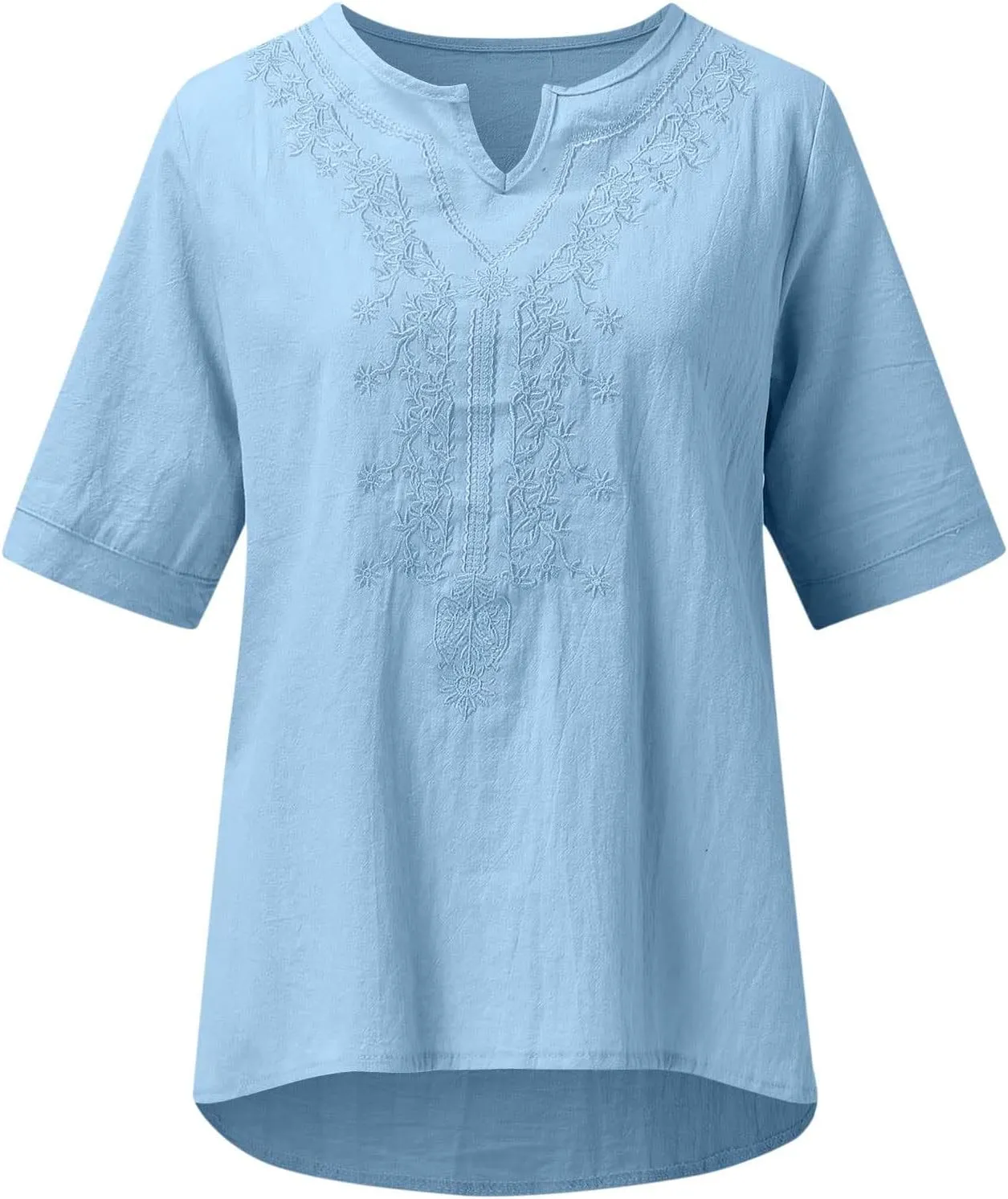2025 Women Embroidered Blouse Cotton Linen Short Sleeve Peasant Boho Tunic Tops Casual Notch V Neck Loose Fit T-Shirt