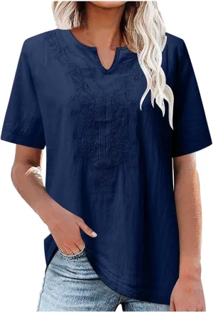 2025 Women Embroidered Blouse Cotton Linen Short Sleeve Peasant Boho Tunic Tops Casual Notch V Neck Loose Fit T-Shirt