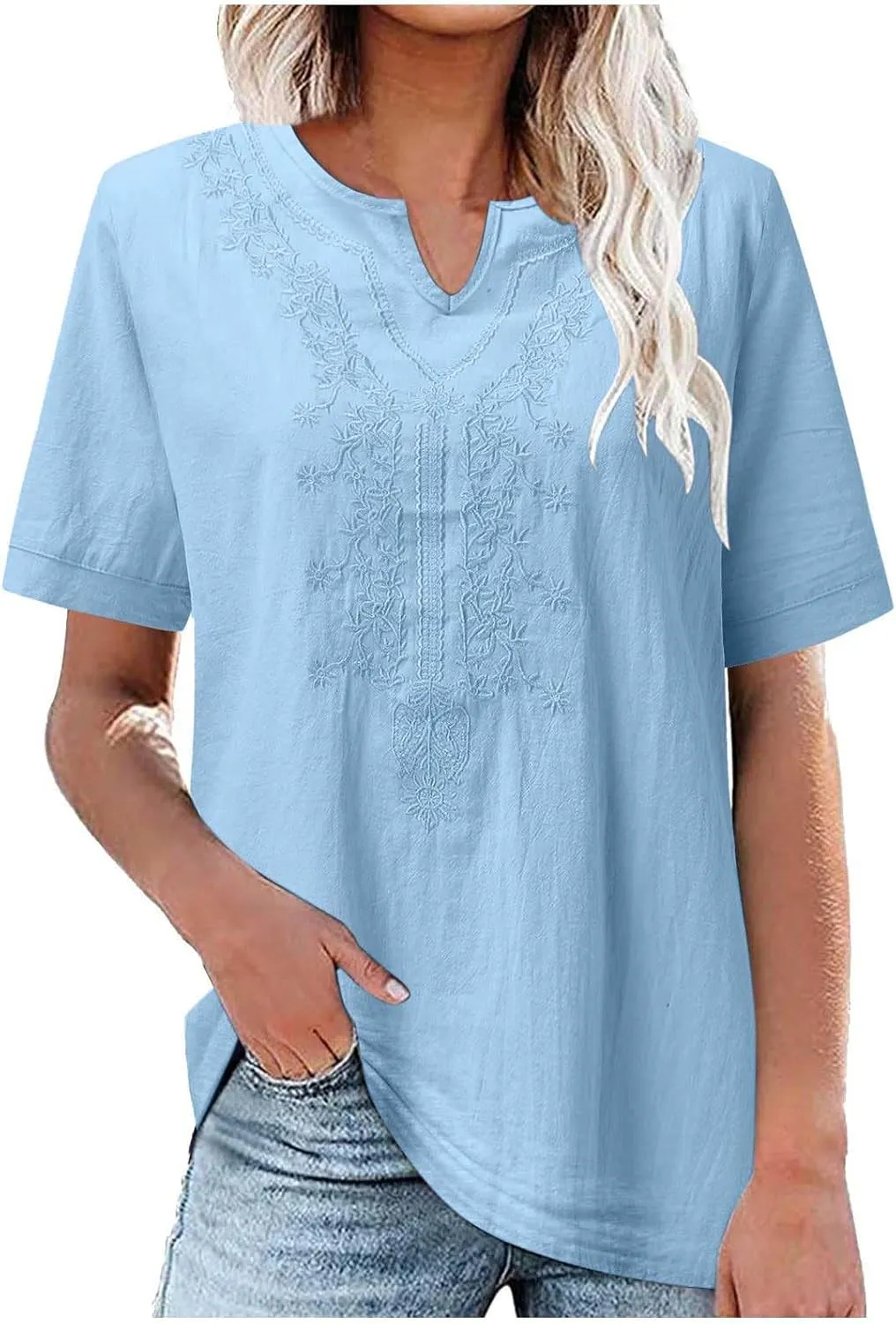 2025 Women Embroidered Blouse Cotton Linen Short Sleeve Peasant Boho Tunic Tops Casual Notch V Neck Loose Fit T-Shirt