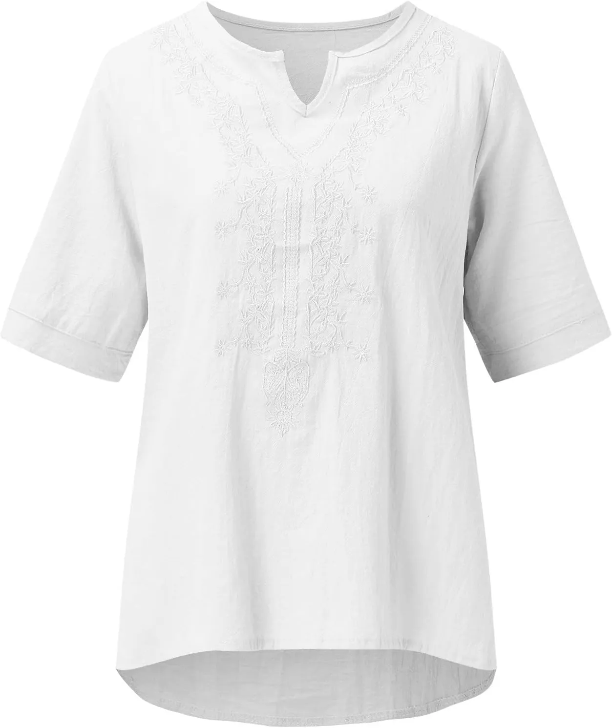 2025 Women Embroidered Blouse Cotton Linen Short Sleeve Peasant Boho Tunic Tops Casual Notch V Neck Loose Fit T-Shirt