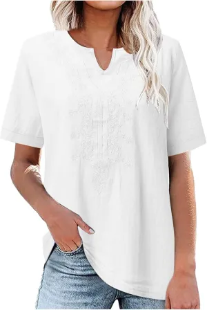 2025 Women Embroidered Blouse Cotton Linen Short Sleeve Peasant Boho Tunic Tops Casual Notch V Neck Loose Fit T-Shirt