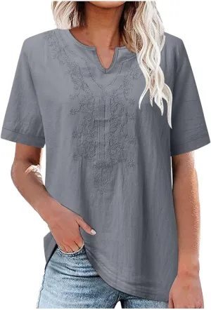 2025 Women Embroidered Blouse Cotton Linen Short Sleeve Peasant Boho Tunic Tops Casual Notch V Neck Loose Fit T-Shirt