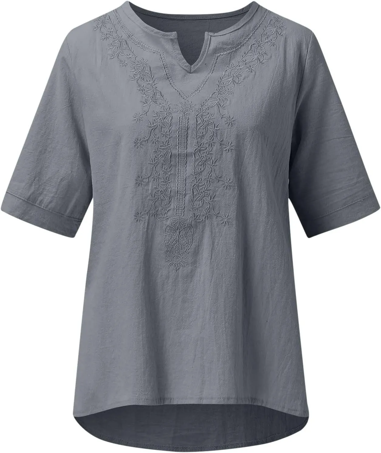 2025 Women Embroidered Blouse Cotton Linen Short Sleeve Peasant Boho Tunic Tops Casual Notch V Neck Loose Fit T-Shirt