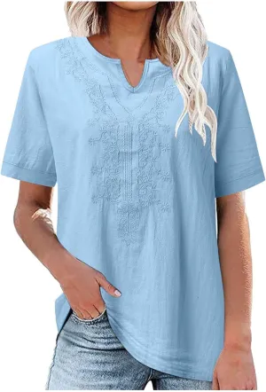 2025 Women Embroidered Blouse Cotton Linen Short Sleeve Peasant Boho Tunic Tops Casual Notch V Neck Loose Fit T-Shirt