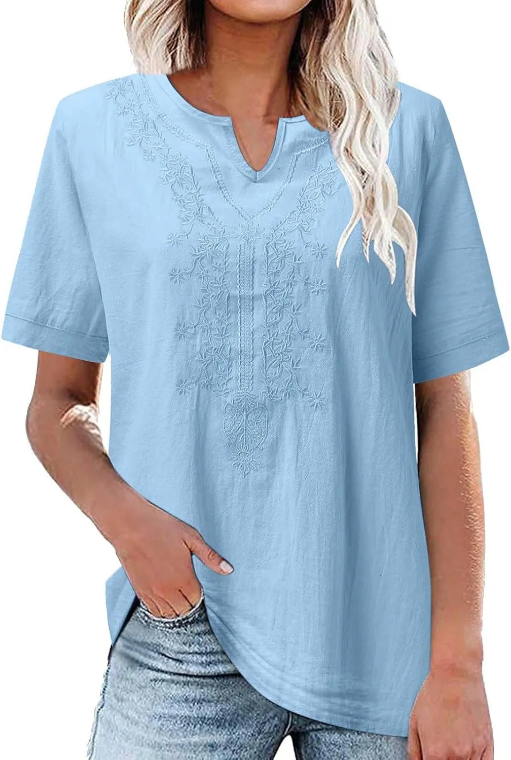 2025 Women Embroidered Blouse Cotton Linen Short Sleeve Peasant Boho Tunic Tops Casual Notch V Neck Loose Fit T-Shirt