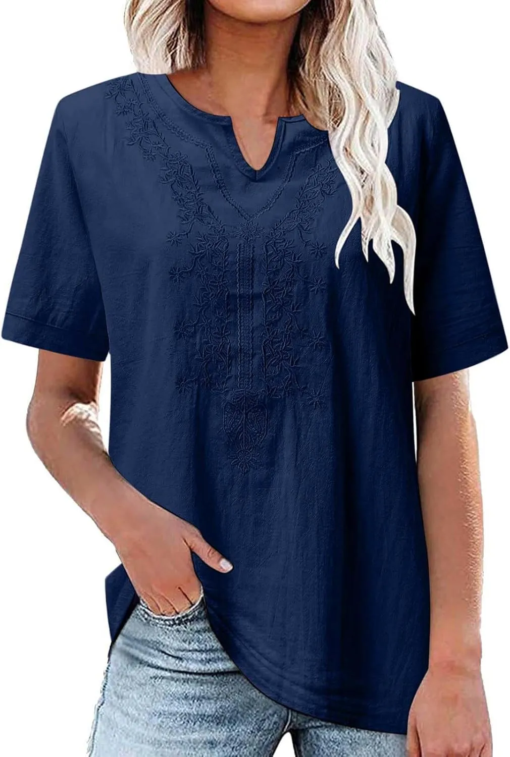 2025 Women Embroidered Blouse Cotton Linen Short Sleeve Peasant Boho Tunic Tops Casual Notch V Neck Loose Fit T-Shirt