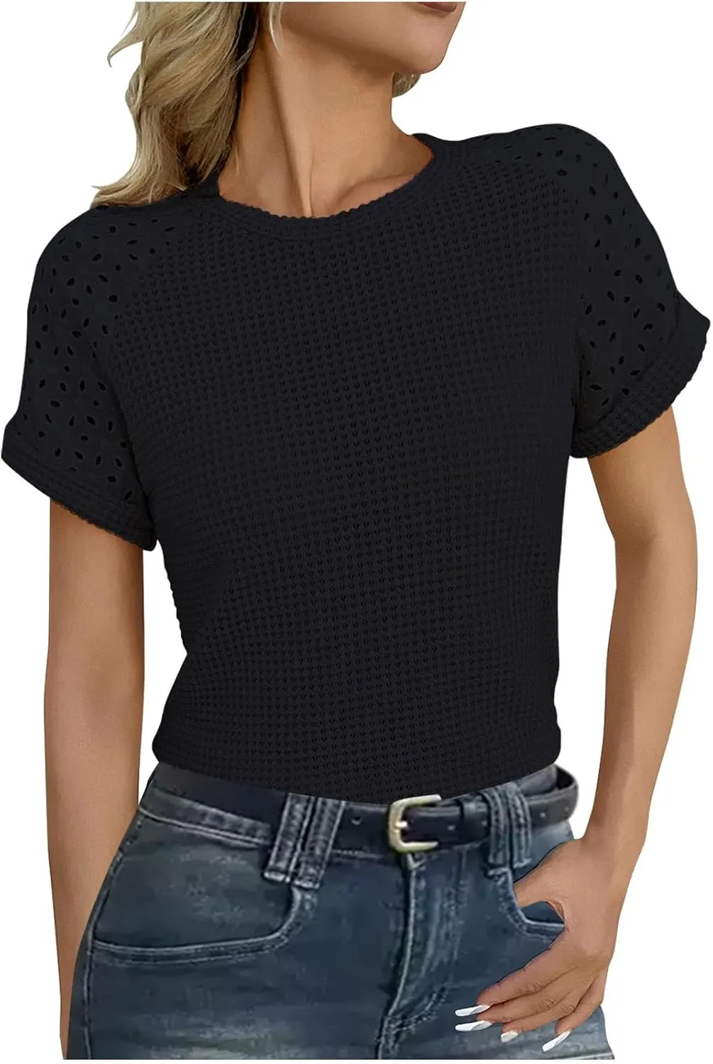 2025 Women's Knit Tees Tops Crew Neck Hollow Out Short Sleeve Tshirt Summer Causal Loose Fit Blouses Tunics