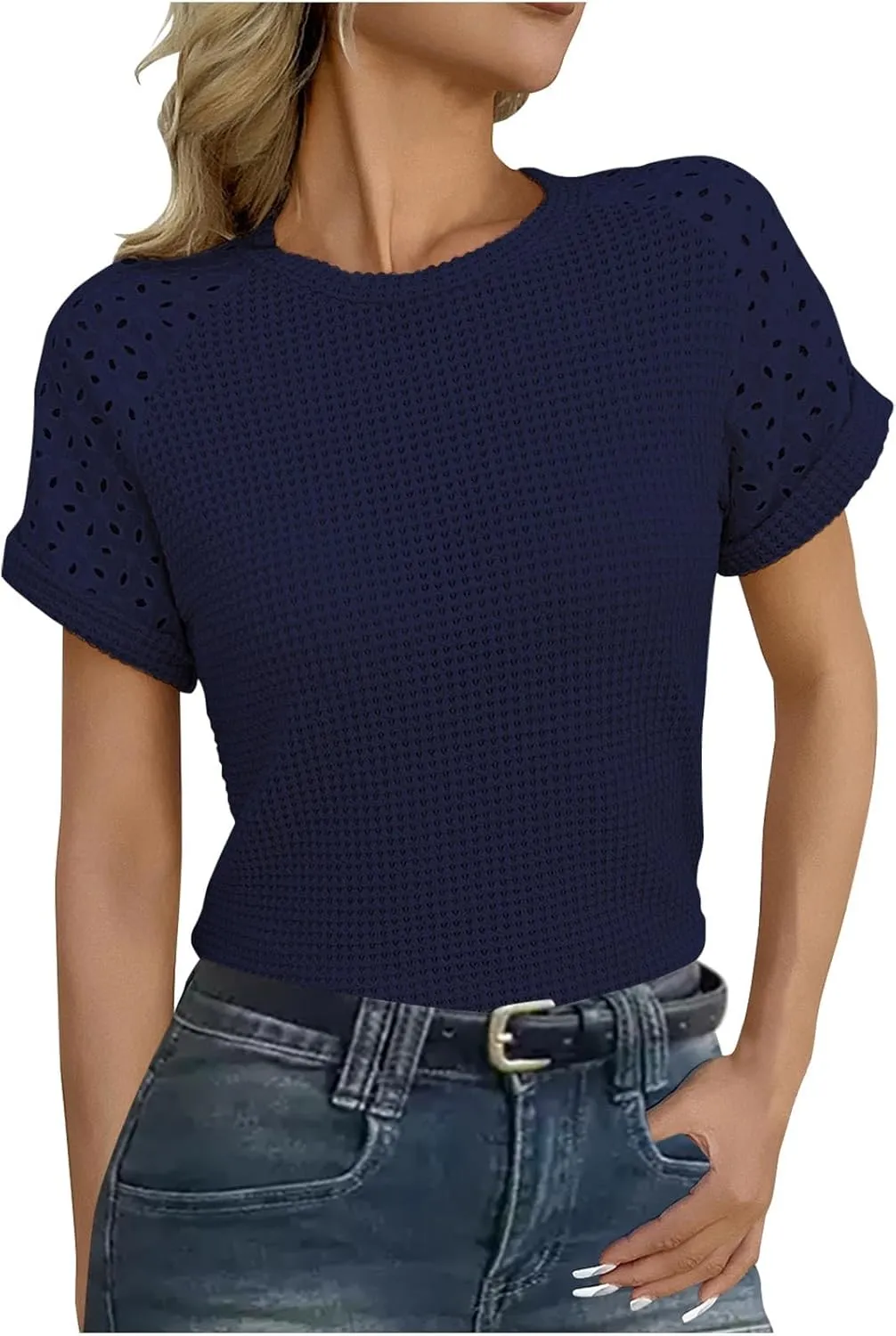 2025 Women's Knit Tees Tops Crew Neck Hollow Out Short Sleeve Tshirt Summer Causal Loose Fit Blouses Tunics