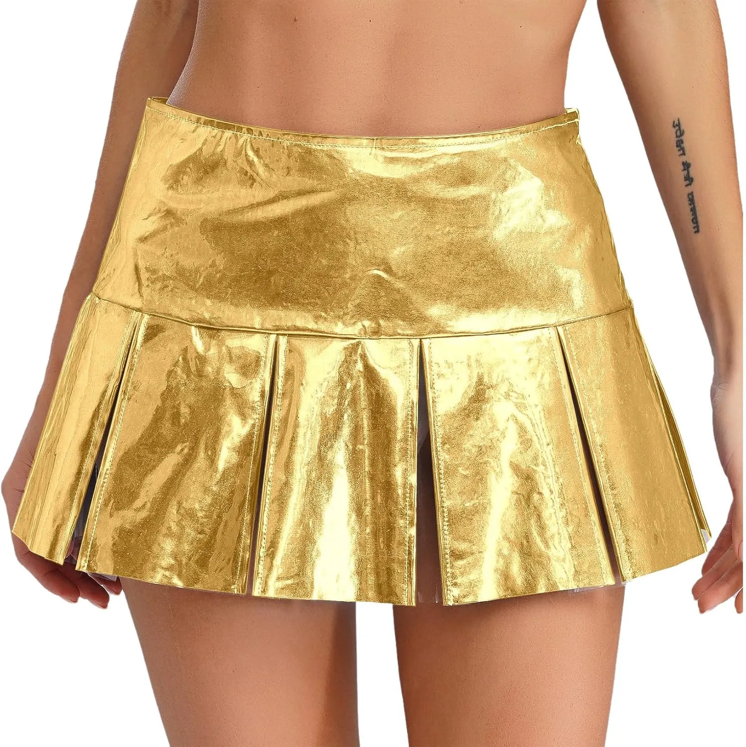 ACSUSS Womens Shiny Leather Pleated Mini Skirts Ruffle Latex Miniskirt A Line Skirts Clubwear