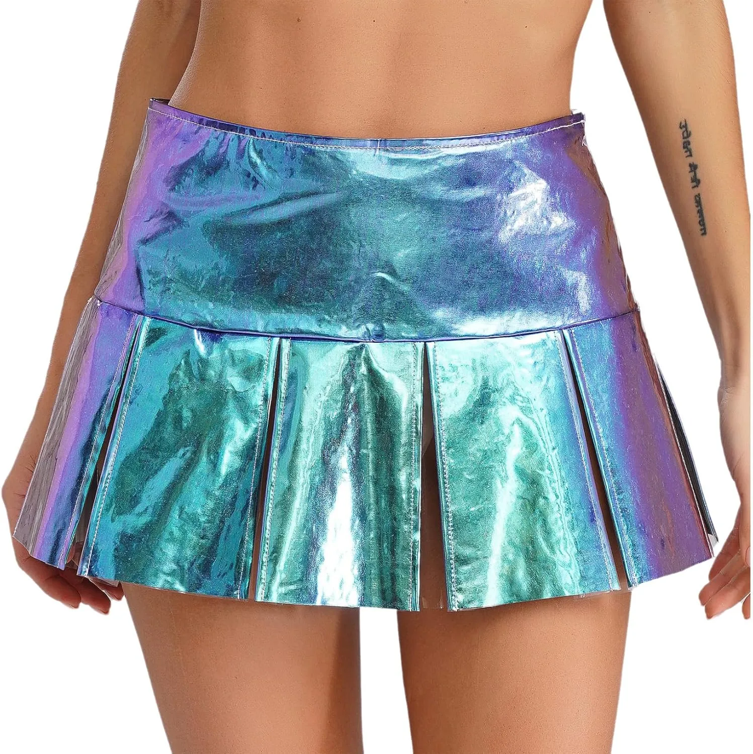 ACSUSS Womens Shiny Leather Pleated Mini Skirts Ruffle Latex Miniskirt A Line Skirts Clubwear