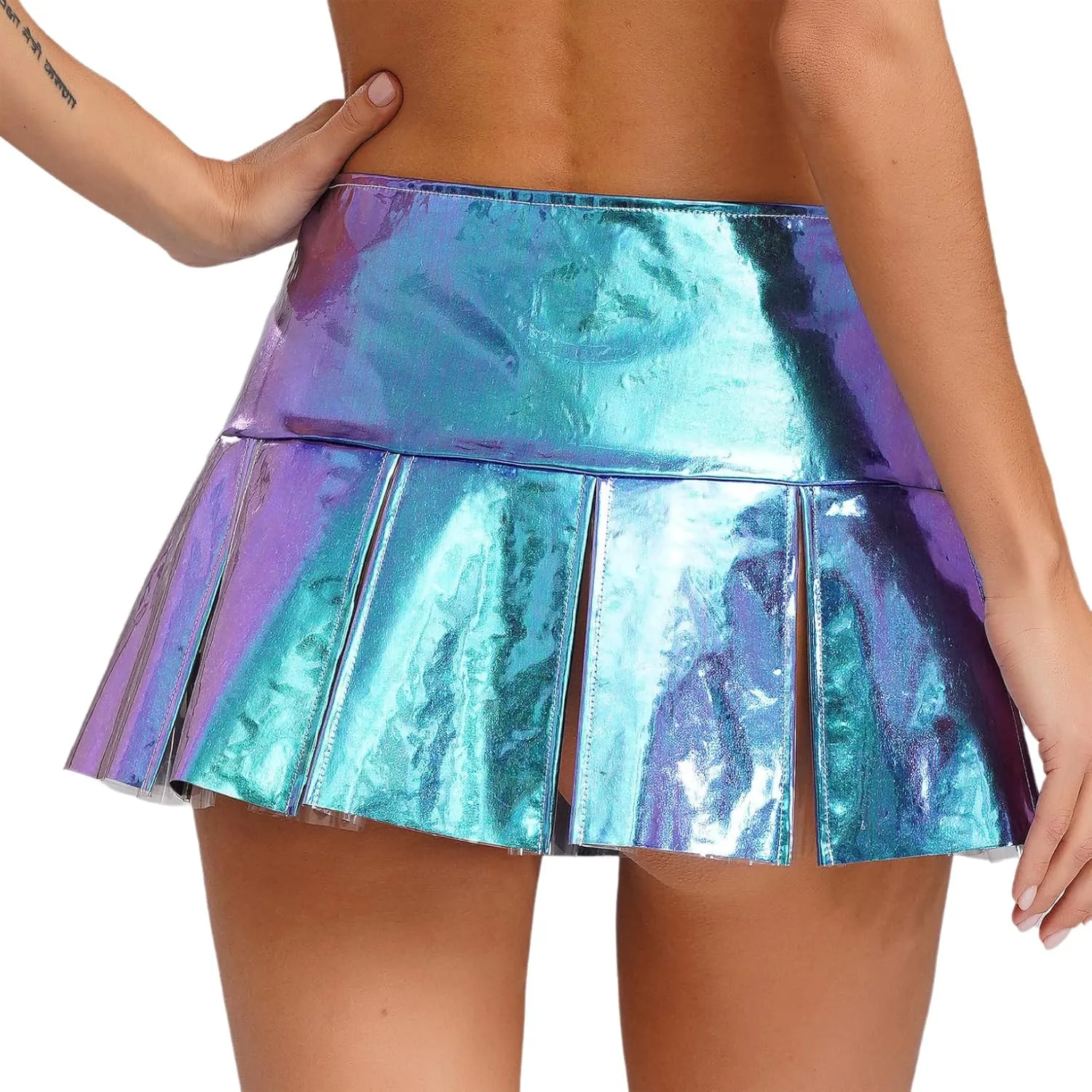 ACSUSS Womens Shiny Leather Pleated Mini Skirts Ruffle Latex Miniskirt A Line Skirts Clubwear