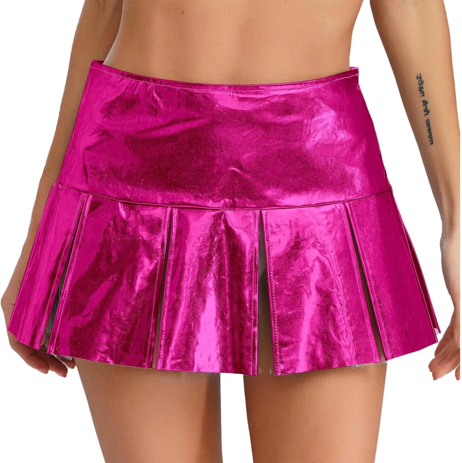 ACSUSS Womens Shiny Leather Pleated Mini Skirts Ruffle Latex Miniskirt A Line Skirts Clubwear