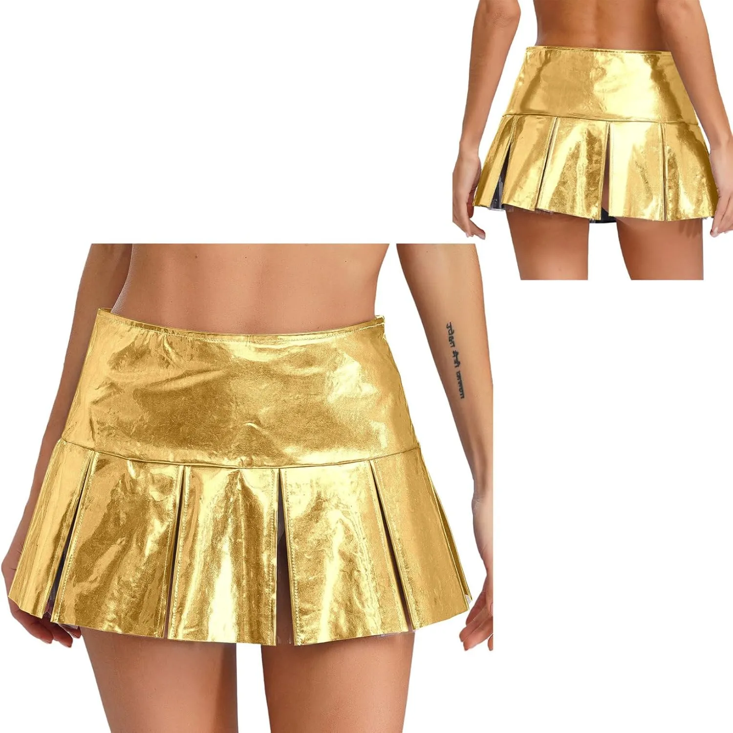 ACSUSS Womens Shiny Leather Pleated Mini Skirts Ruffle Latex Miniskirt A Line Skirts Clubwear