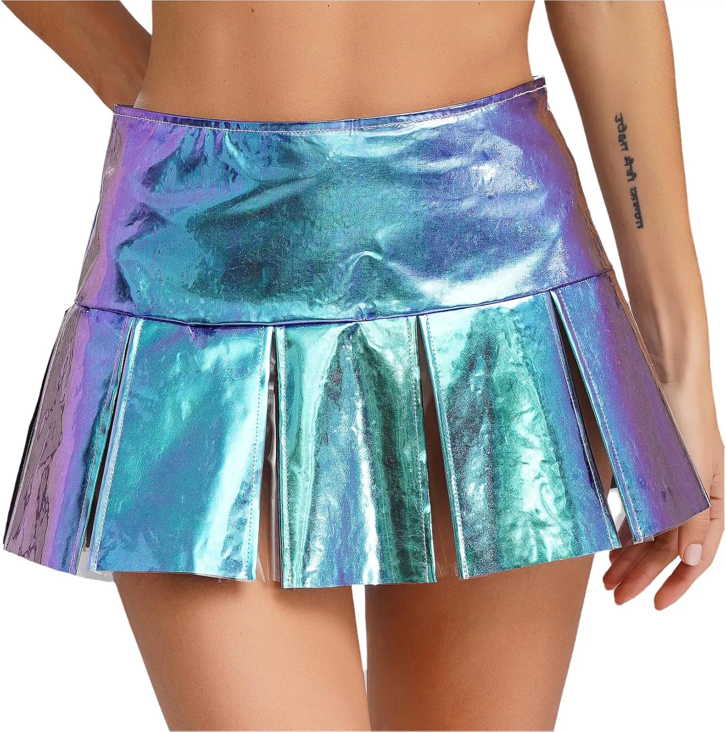 ACSUSS Womens Shiny Leather Pleated Mini Skirts Ruffle Latex Miniskirt A Line Skirts Clubwear