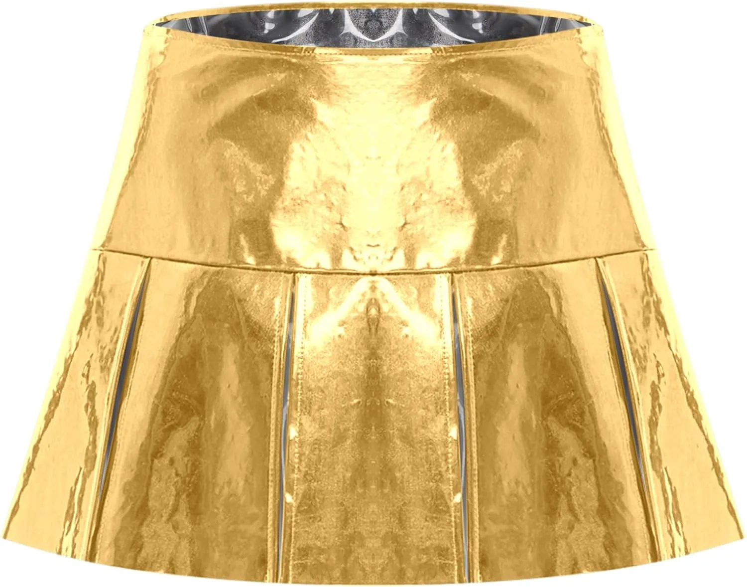 ACSUSS Womens Shiny Leather Pleated Mini Skirts Ruffle Latex Miniskirt A Line Skirts Clubwear