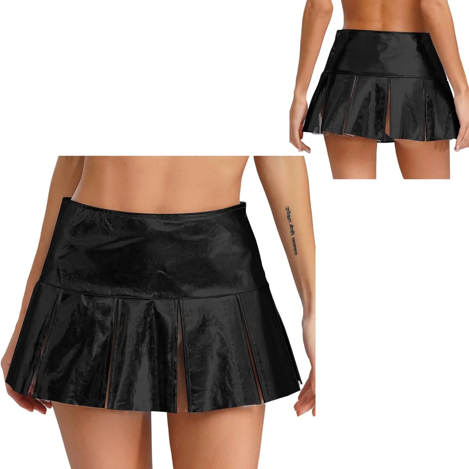 ACSUSS Womens Shiny Leather Pleated Mini Skirts Ruffle Latex Miniskirt A Line Skirts Clubwear