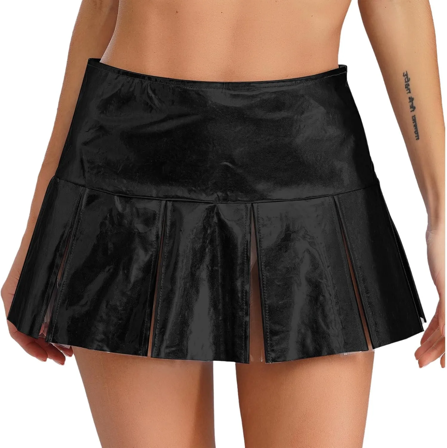 ACSUSS Womens Shiny Leather Pleated Mini Skirts Ruffle Latex Miniskirt A Line Skirts Clubwear