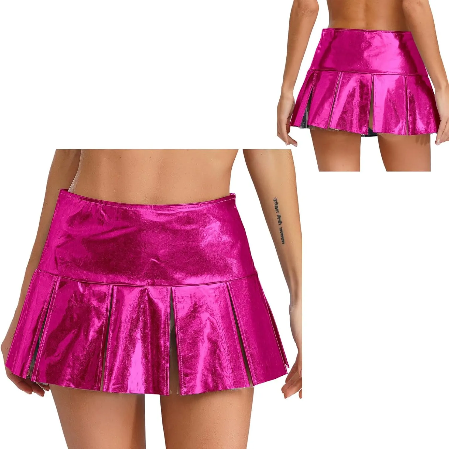 ACSUSS Womens Shiny Leather Pleated Mini Skirts Ruffle Latex Miniskirt A Line Skirts Clubwear