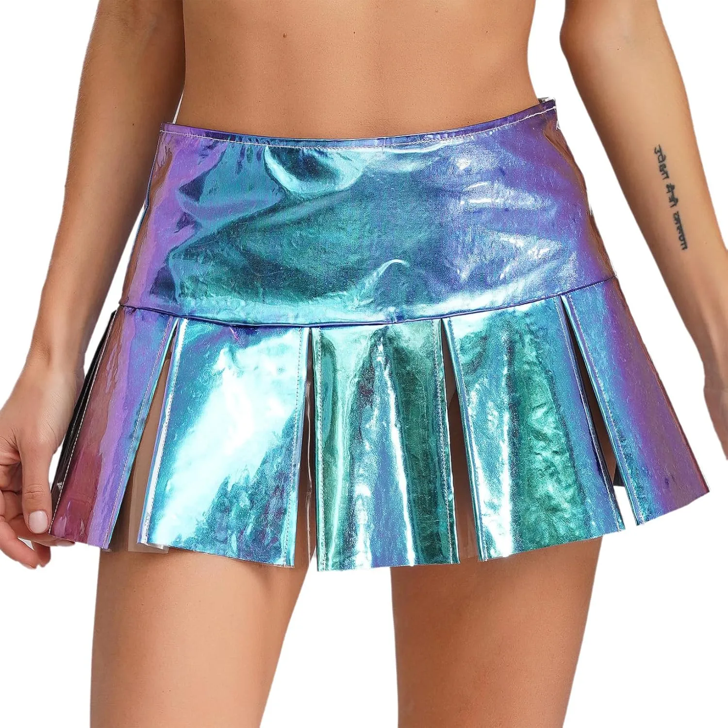 ACSUSS Womens Shiny Leather Pleated Mini Skirts Ruffle Latex Miniskirt A Line Skirts Clubwear
