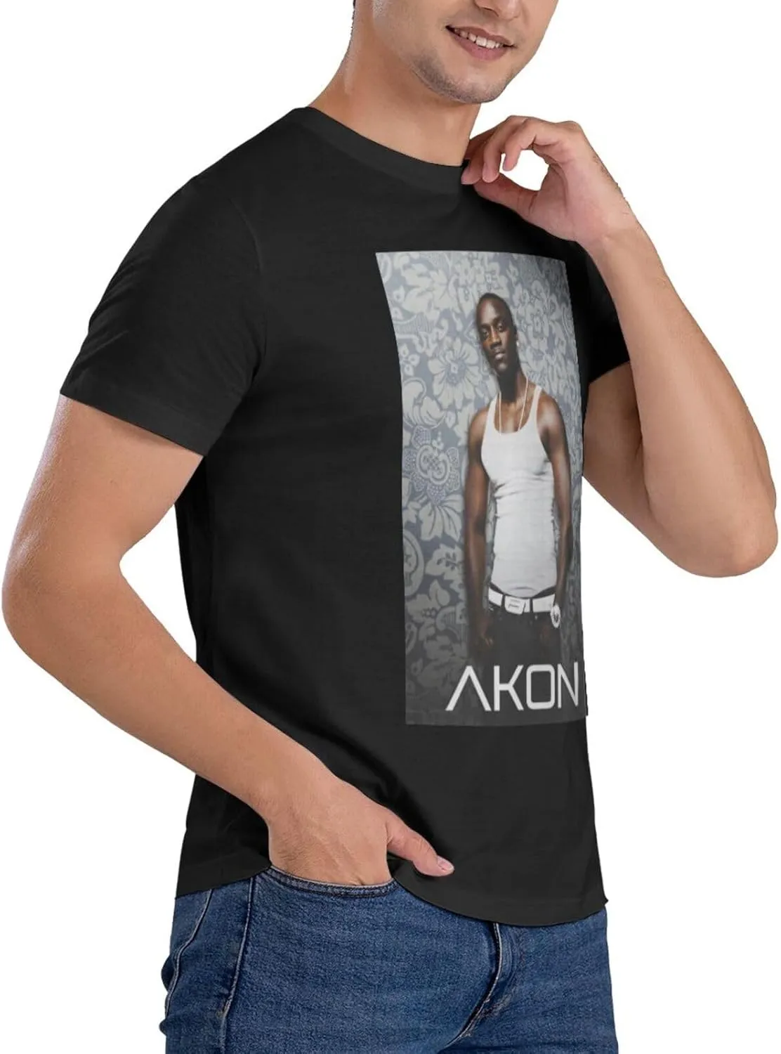 Akons Shirt Men's Personalised Cotton Short-Sleeved T-Shirt Fashion Comfy Breathable Crew Neck Tees Black