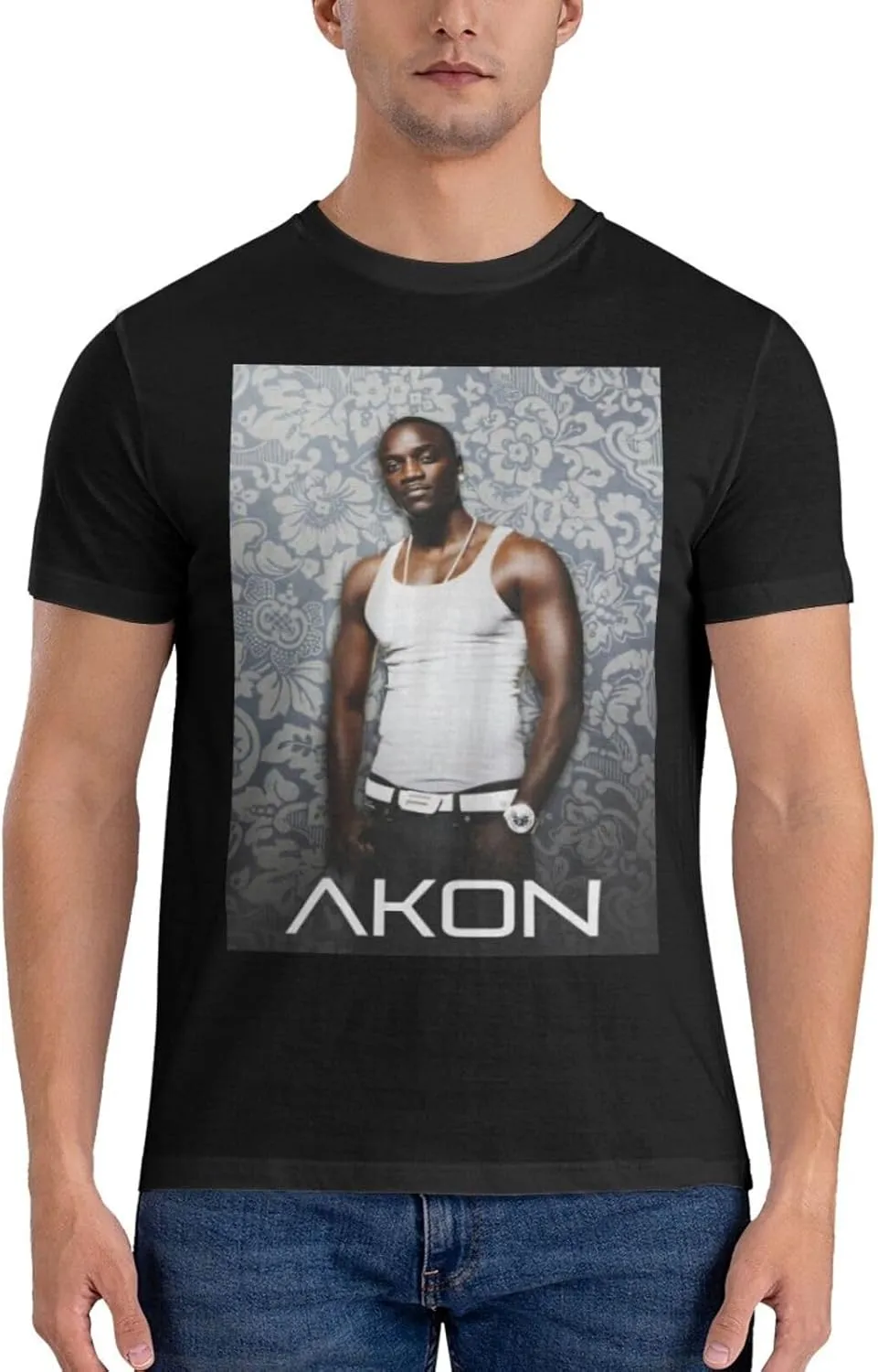 Akons Shirt Men's Personalised Cotton Short-Sleeved T-Shirt Fashion Comfy Breathable Crew Neck Tees Black