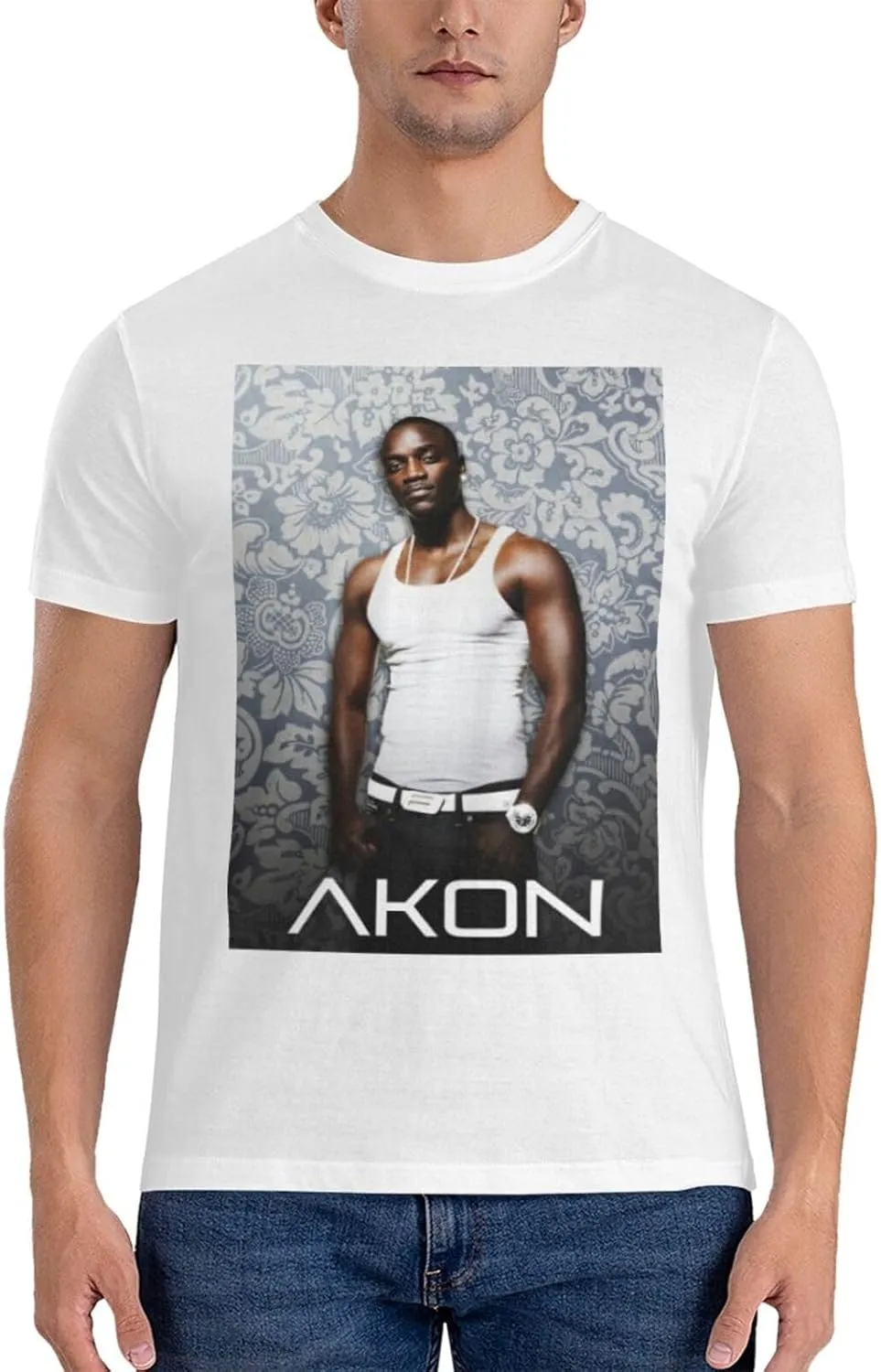 Akons Shirt Men's Personalised Cotton Short-Sleeved T-Shirt Fashion Comfy Breathable Crew Neck Tees Black