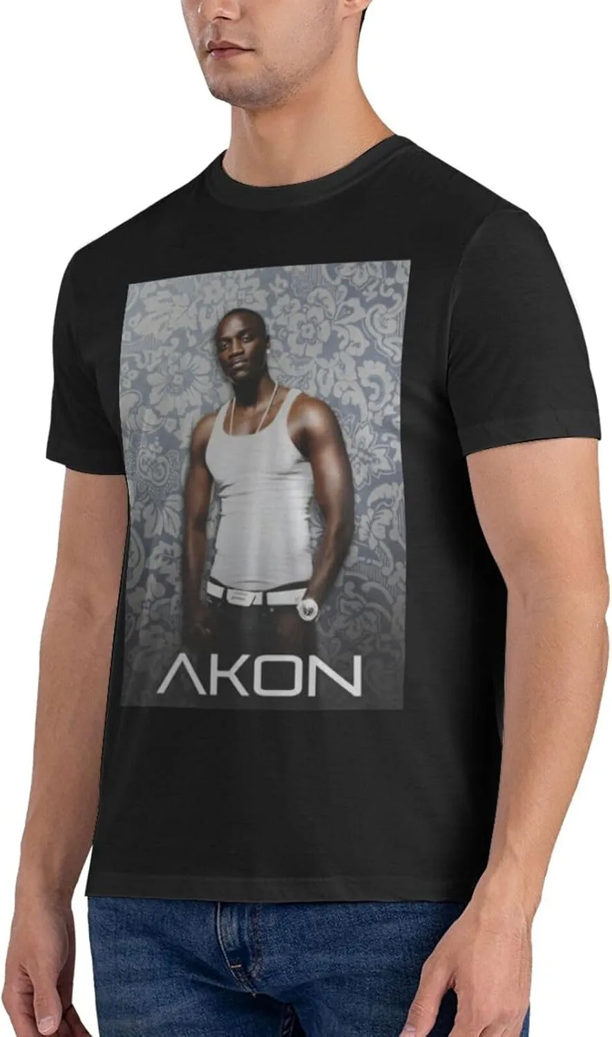 Akons Shirt Men's Personalised Cotton Short-Sleeved T-Shirt Fashion Comfy Breathable Crew Neck Tees Black