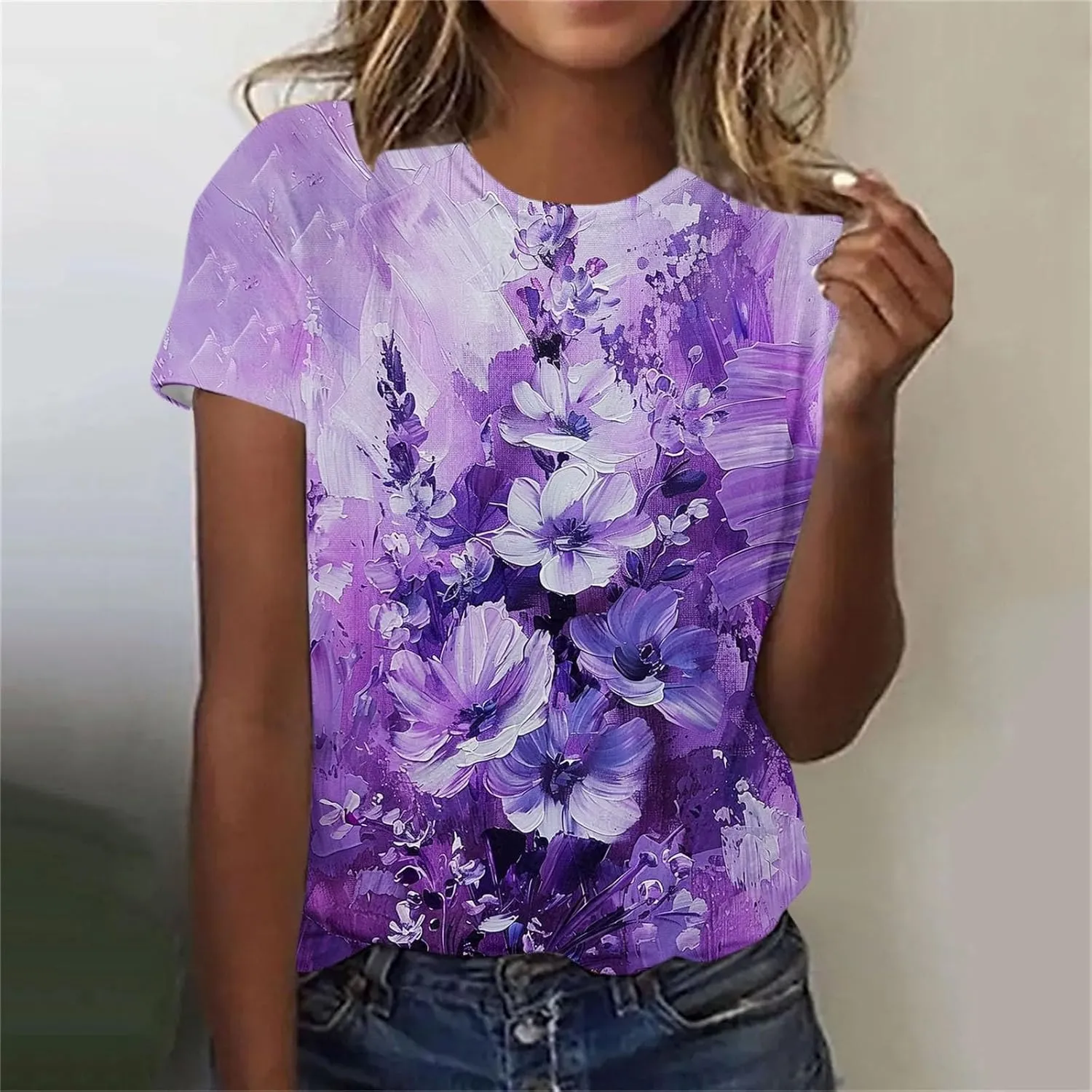 Alzheimers Awareness Shirts Women Summer Floral Print Tops O Neck Short Sleeve Lightweight Breathable Basic Clothing