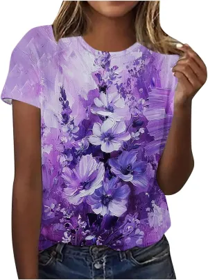 Alzheimers Awareness Shirts Women Summer Floral Print Tops O Neck Short Sleeve Lightweight Breathable Basic Clothing