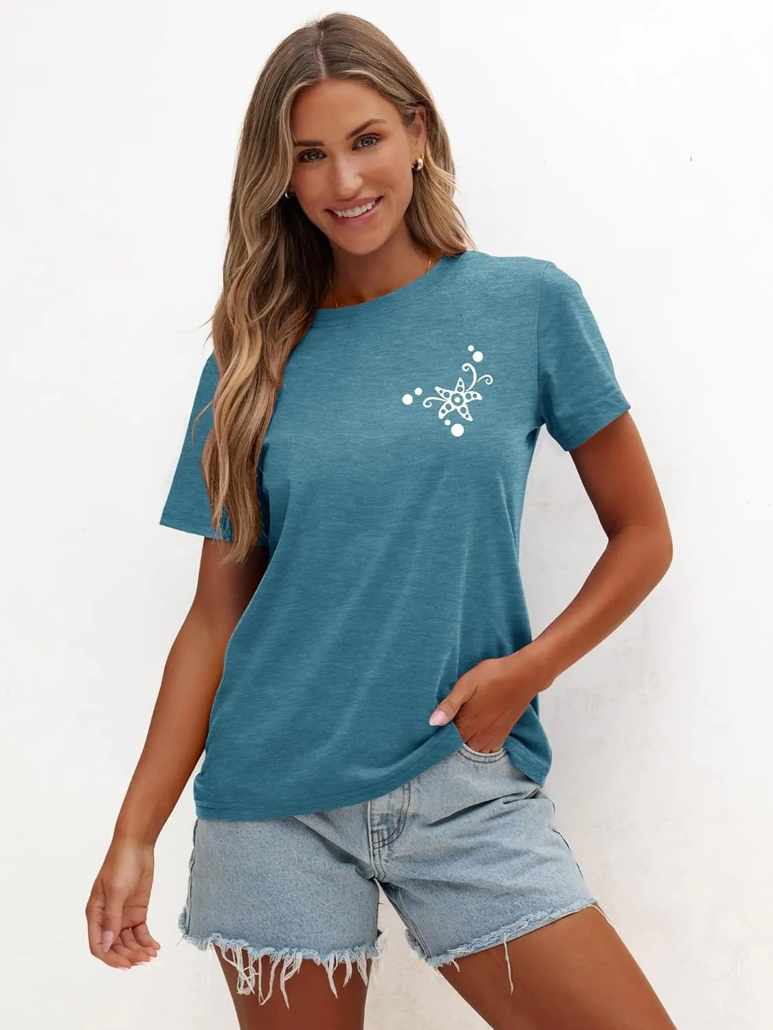 Anbech Women's Botanical Graphic Tees Boho Wildflowers Print Short Sleeve Tshirts Loose Fit
