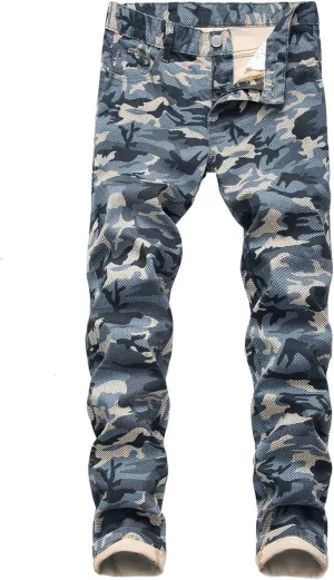 Andongnywell Men's Slim Fit Jeans Fashionable Skinny Stretch Fit Camouflage Denim Pants with Zipper Deco Trousers