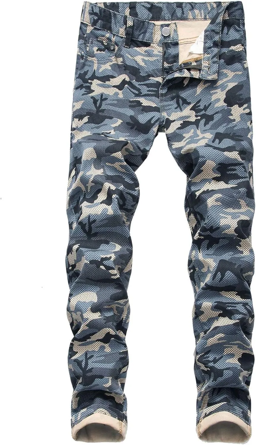 Andongnywell Men's Slim Fit Jeans Fashionable Skinny Stretch Fit Camouflage Denim Pants with Zipper Deco Trousers