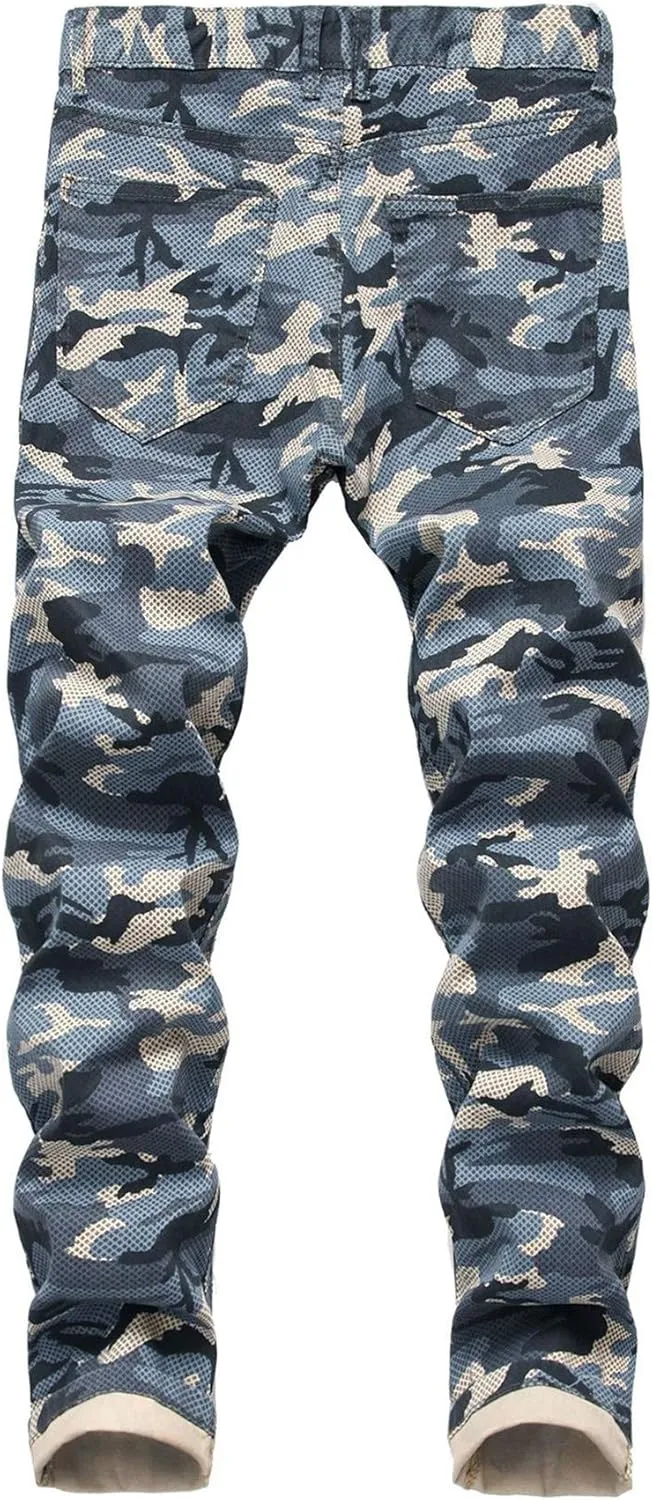 Andongnywell Men's Slim Fit Jeans Fashionable Skinny Stretch Fit Camouflage Denim Pants with Zipper Deco Trousers