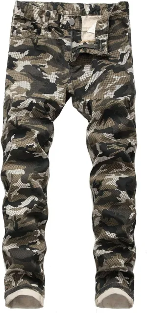 Andongnywell Men's Slim Fit Jeans Fashionable Skinny Stretch Fit Camouflage Denim Pants with Zipper Deco Trousers