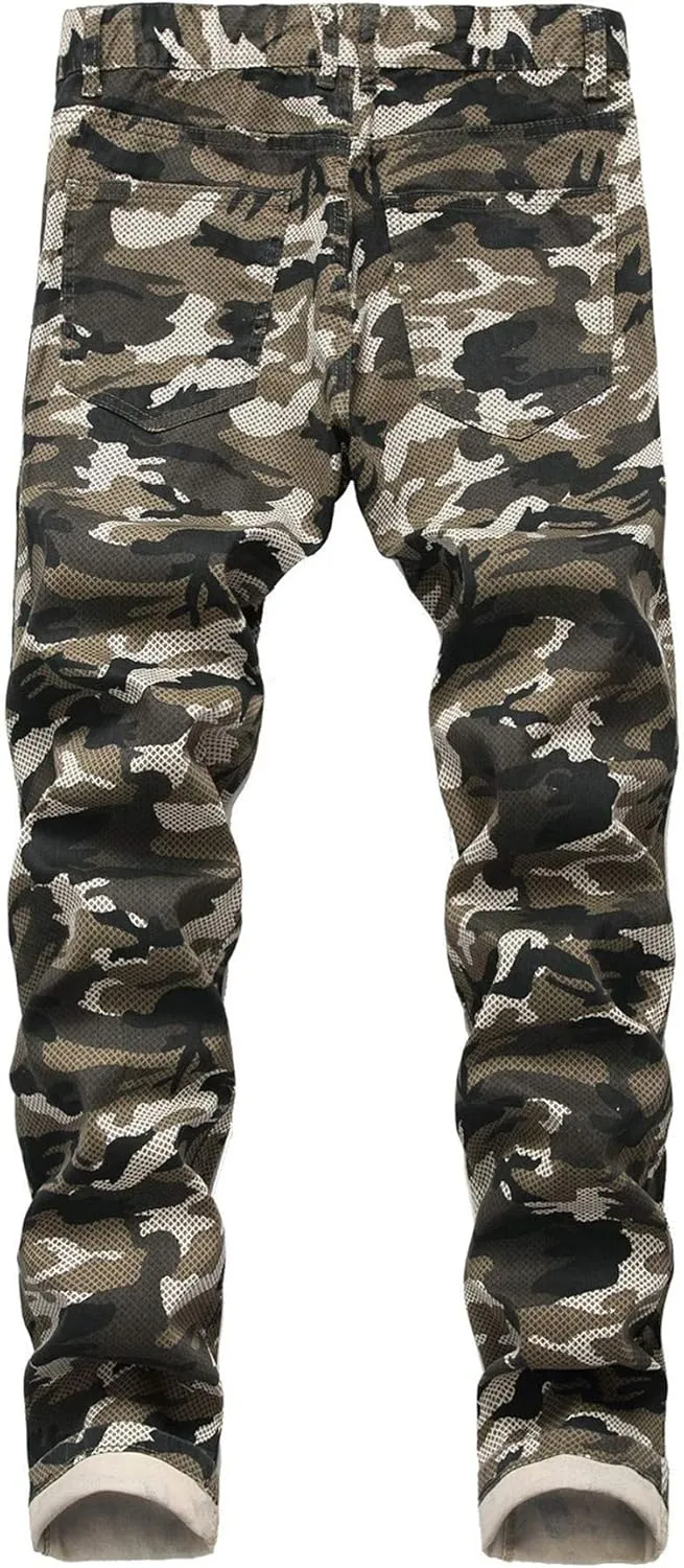Andongnywell Men's Slim Fit Jeans Fashionable Skinny Stretch Fit Camouflage Denim Pants with Zipper Deco Trousers