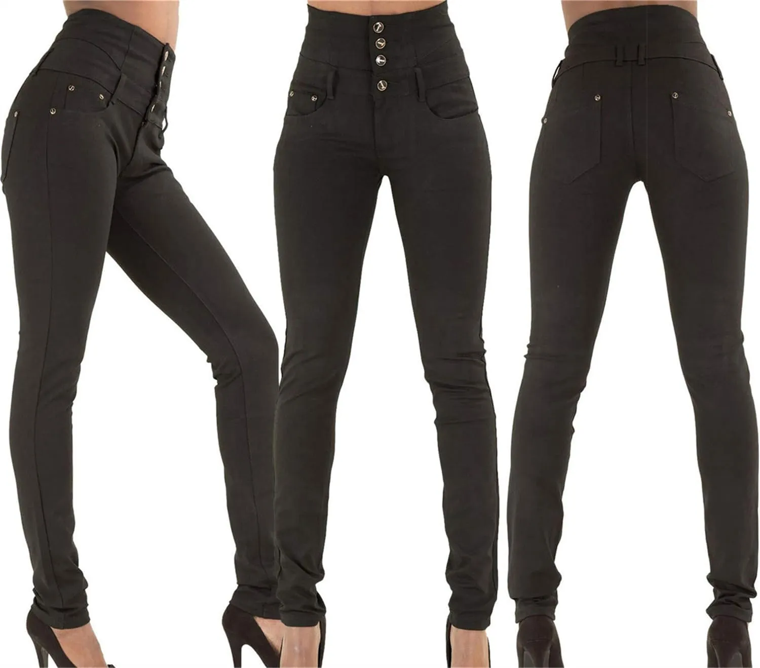 Andongnywell Skinny Jeans Women Stretchy Butt Lifting Slim Fit Denim Pants High Rise Multiple Buttons Jegging Jeans Trouser