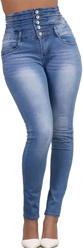 Andongnywell Women's High Waist Stretch Jeans Button Push Up Butt Lifting Skinny fit Jeans Trousers