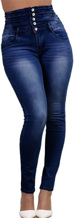 Andongnywell Women's High Waist Stretch Jeans Button Push Up Butt Lifting Skinny fit Jeans Trousers