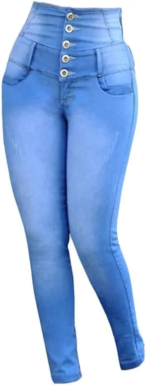Andongnywell Women's High Waist Stretch Jeans Button Push Up Butt Lifting Skinny fit Jeans Trousers