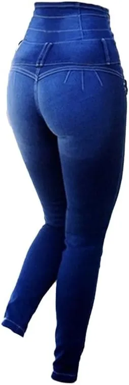 Andongnywell Women's High Waist Stretch Jeans Button Push Up Butt Lifting Skinny fit Jeans Trousers
