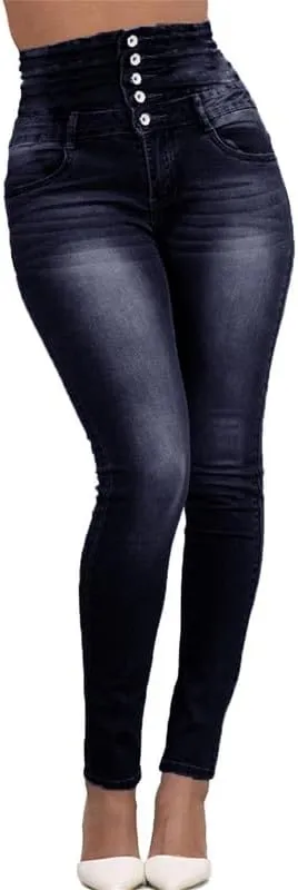 Andongnywell Women's High Waist Stretch Jeans Button Push Up Butt Lifting Skinny fit Jeans Trousers