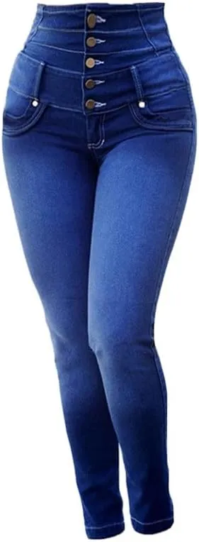 Andongnywell Women's High Waist Stretch Jeans Button Push Up Butt Lifting Skinny fit Jeans Trousers