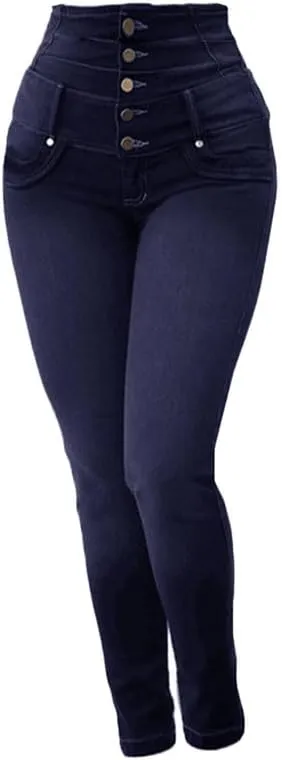 Andongnywell Women's High Waist Stretch Jeans Button Push Up Butt Lifting Skinny fit Jeans Trousers