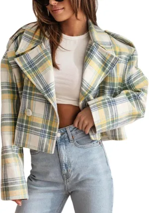 Arssm Womens Plaid Trench Coat Short Wool Blend Cropped Jacket Long Sleeve Notched Collar Overcoat