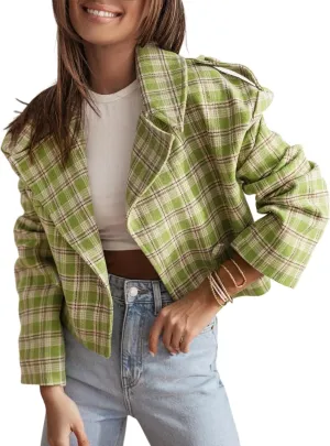 Arssm Womens Plaid Trench Coat Short Wool Blend Cropped Jacket Long Sleeve Notched Collar Overcoat