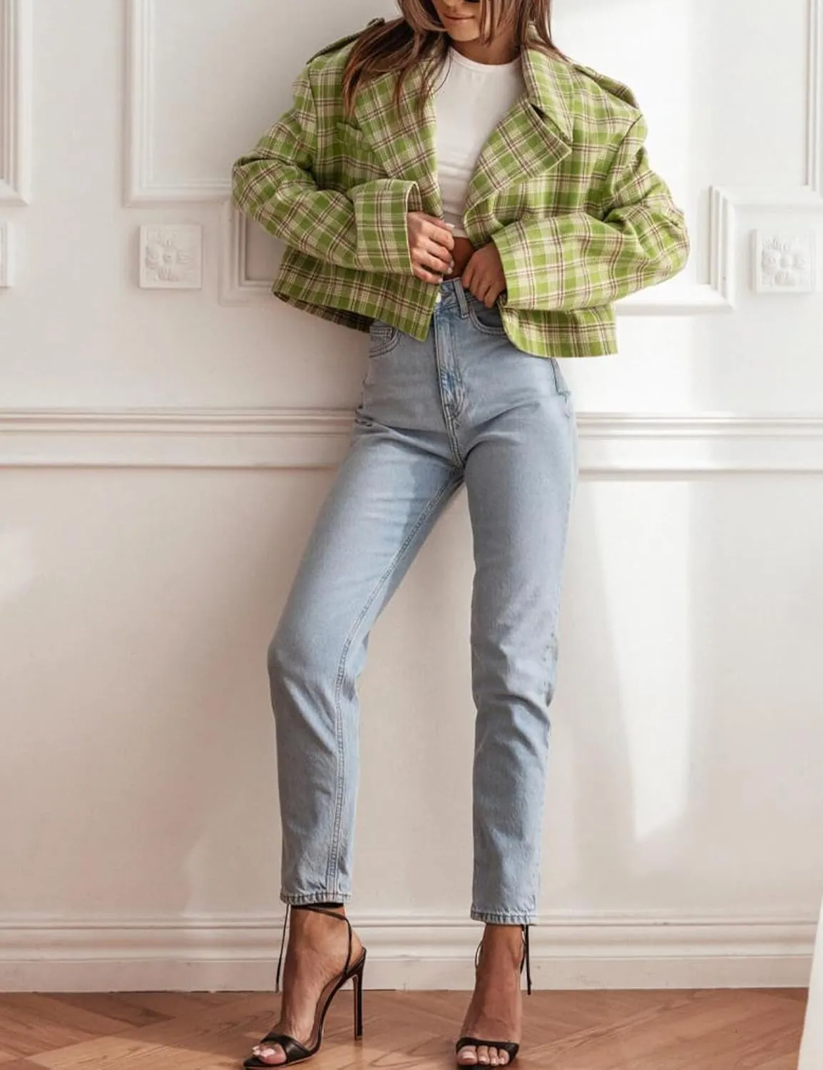 Arssm Womens Plaid Trench Coat Short Wool Blend Cropped Jacket Long Sleeve Notched Collar Overcoat