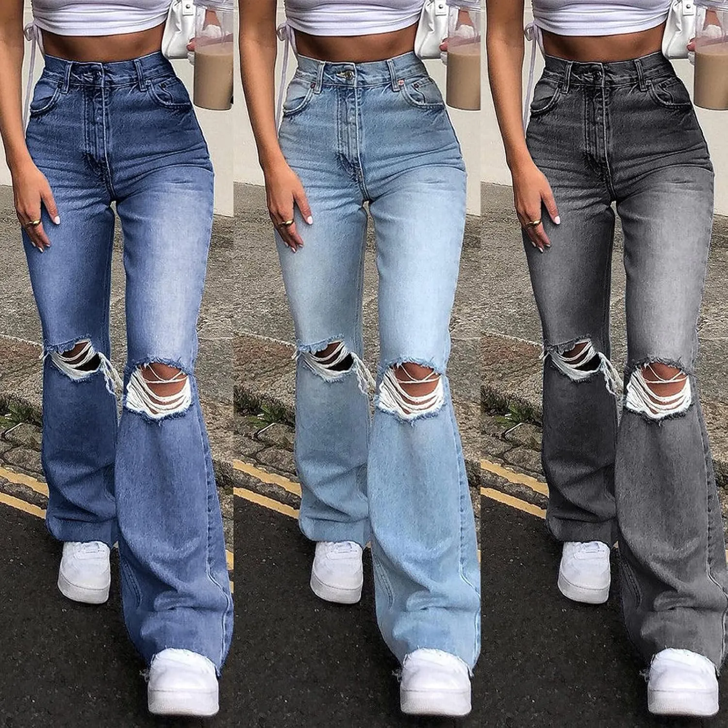 Baggy Jeans, Women's Boyfriend Jeans with Destructed Blown Knee and Rolled Cuff
