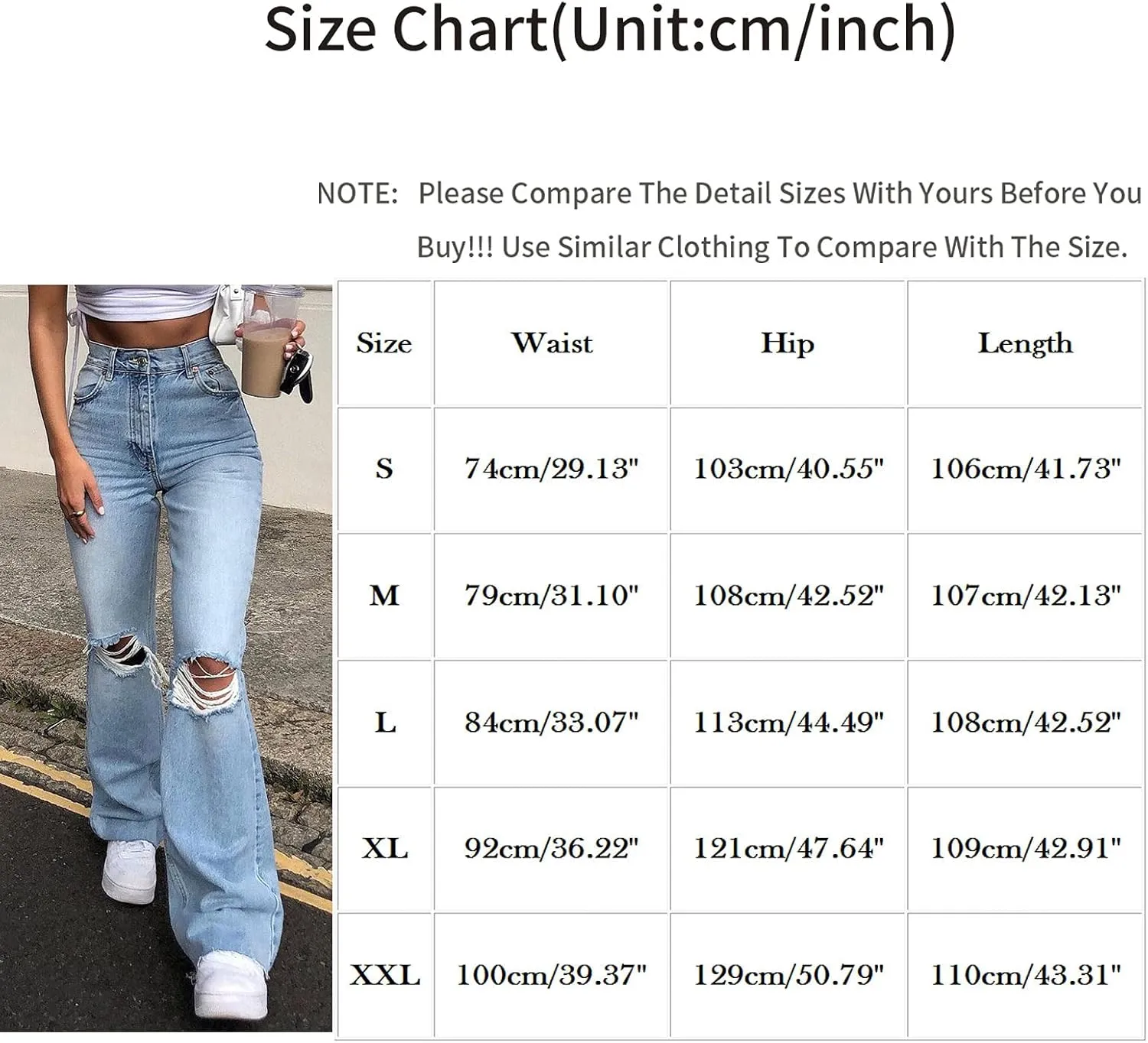 Baggy Jeans, Women's Boyfriend Jeans with Destructed Blown Knee and Rolled Cuff